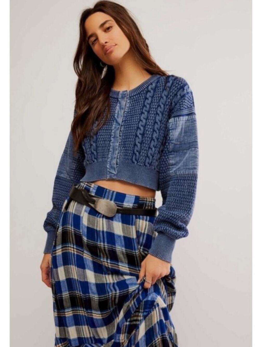 Free People Patchwork Chunky Cable Knit Heritage Cardi Cardigan Sweater Small